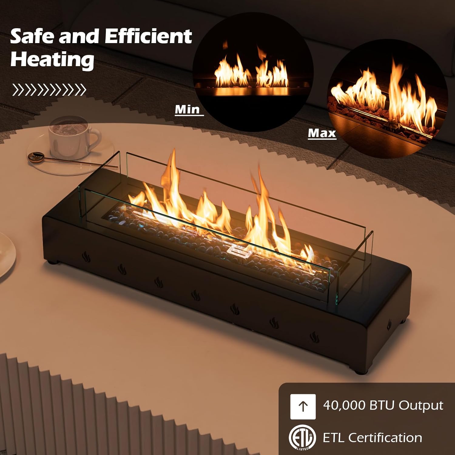 28-Inch Rectangle Fire Pit, 40000BTU Outdoor Propane Fire Pit, Wind-Resistant Firepits, Durable Iron Stylish Glass Beads Design