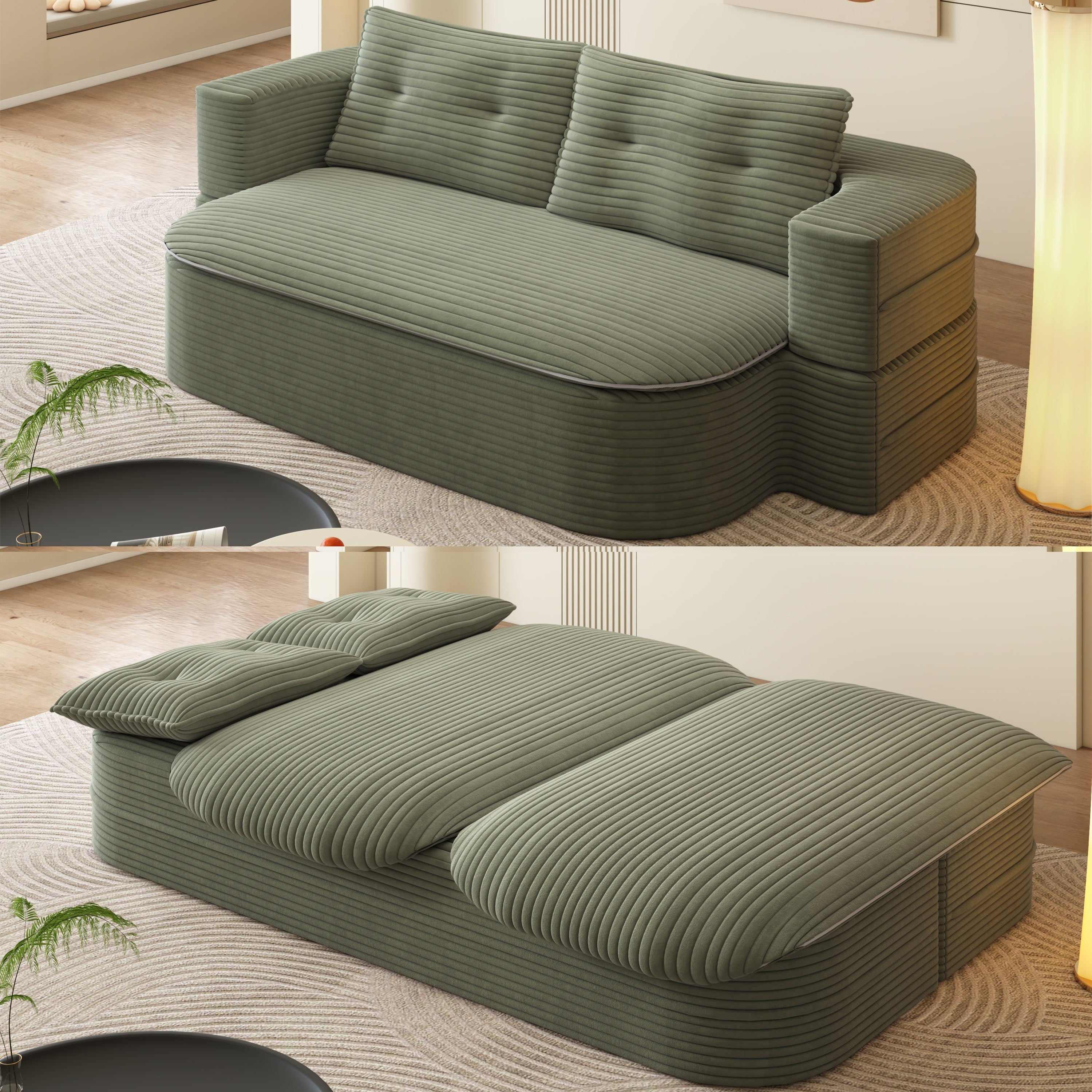 78.7' Modern 2-in-1 Foldable Sofa with Functional Blanket and 2 Soft Pillows,Comfortable Plush Corduroy Fabric Sofa, Convertible Sleeper Sofa Bed, Deep Seat Sofa Couch for Living Room,Bedroom