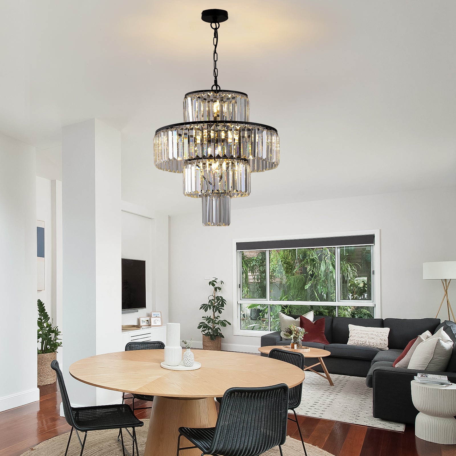 20' Modern Crystal Chandelier with Black Finish, 4-Tier Design