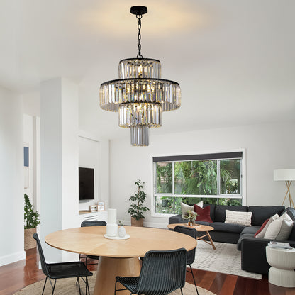 20' Modern Crystal Chandelier with Black Finish, 4-Tier Design