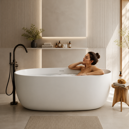 51" White Stone Resin Freestanding Bathtub Solid Surface Soaking Tub - Airayvis