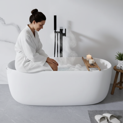 51'' Freestanding Bathtub Resin Stone Soaking Bathtub Solid Surface Modern Tubs with Overflow and Pop-up Drain in White