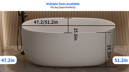 51" Balanced-Size Matte White Solid Surface Freestanding Soaking Bathtub with Overflow & Pop-Up Drain