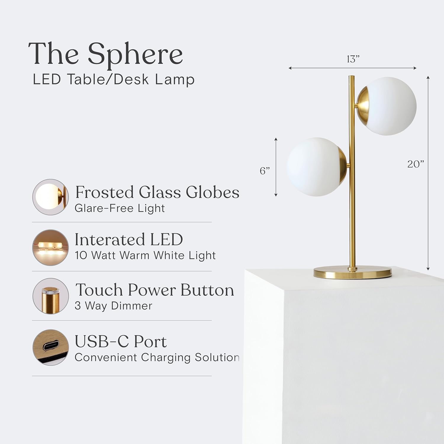 Sphere Table Lamp Contemporary Living Room Decor 2 LED Globe Lights USB Port