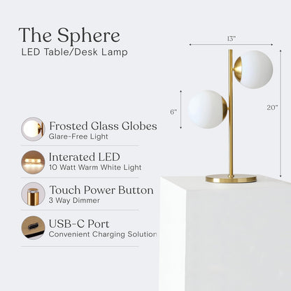 Sphere Table Lamp Contemporary Living Room Decor 2 LED Globe Lights USB Port