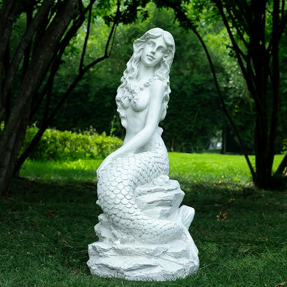 20' H Mermaid on Ocean Rock Garden Statue Resin Outdoor Sculpture Large Outside Decor for Lawn Patio Pool Home Ornament Large Mermaid Figurine Collectible Nautical Fairy Tale