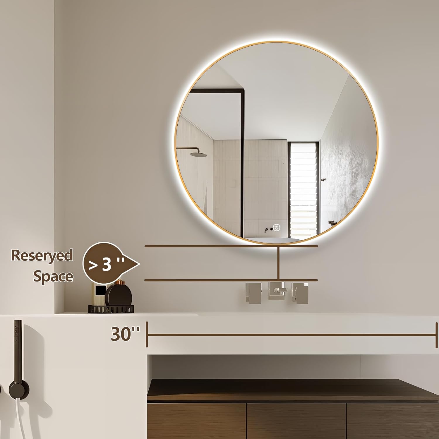 Round LED Bathroom Mirror Touch Control Three Color Light