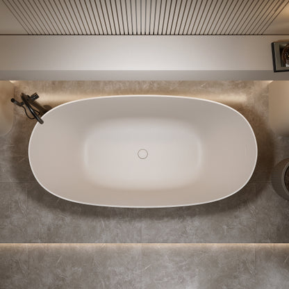 61" Spa-Size Matte White Stone Resin Freestanding Soaking Bathtub with Overflow & Pop-Up Drain