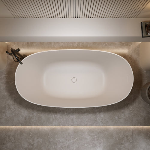 61" Spa-Size Matte White Stone Resin Freestanding Soaking Bathtub with Overflow & Pop-Up Drain