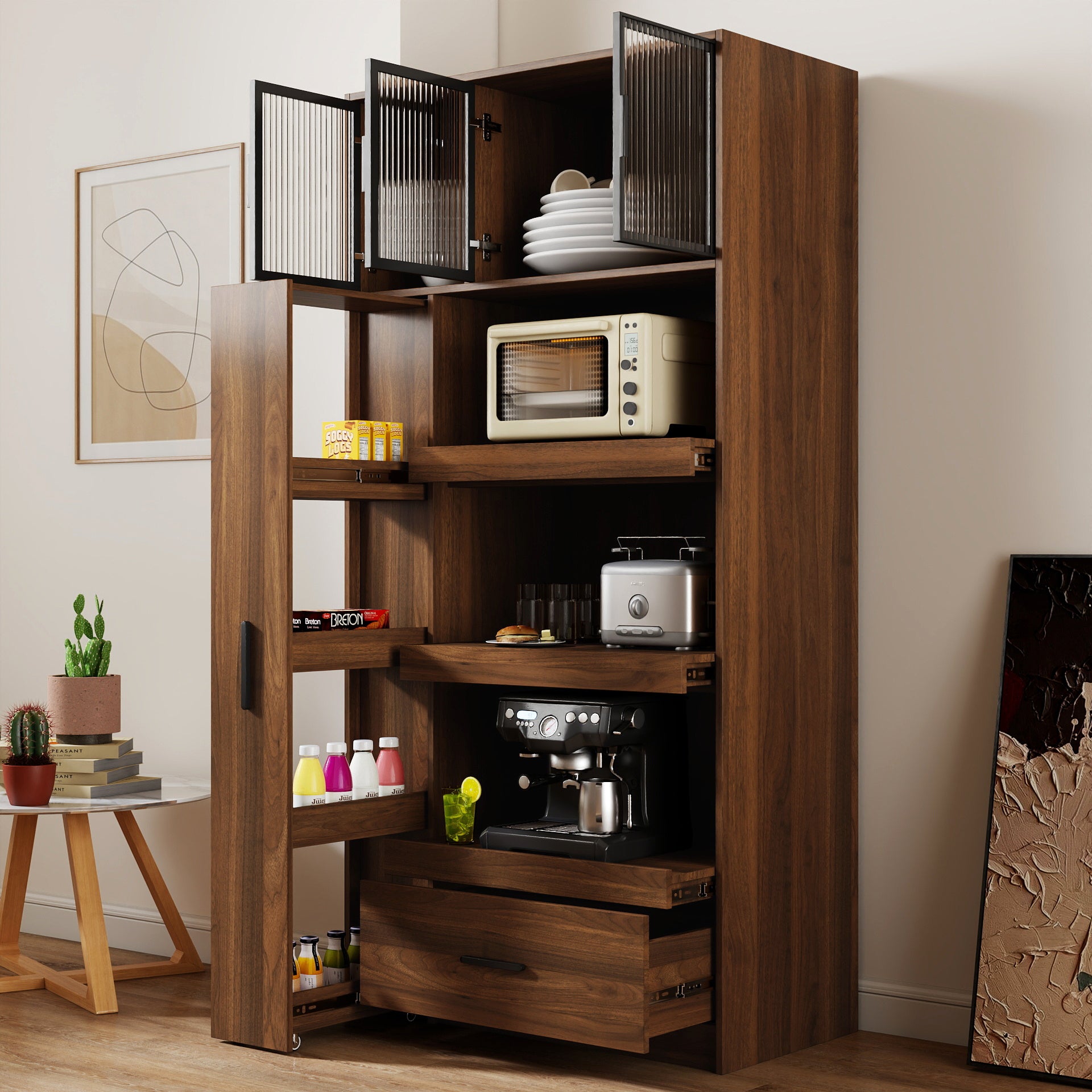 70.87' Tall Kitchen Pantry Cabinet with multi-functional pull-out multi-tier storage shelf, 1 Drawers,with Aluminum frame glass door,Freestanding Food Hutch with Microwave Stand for Dining Room