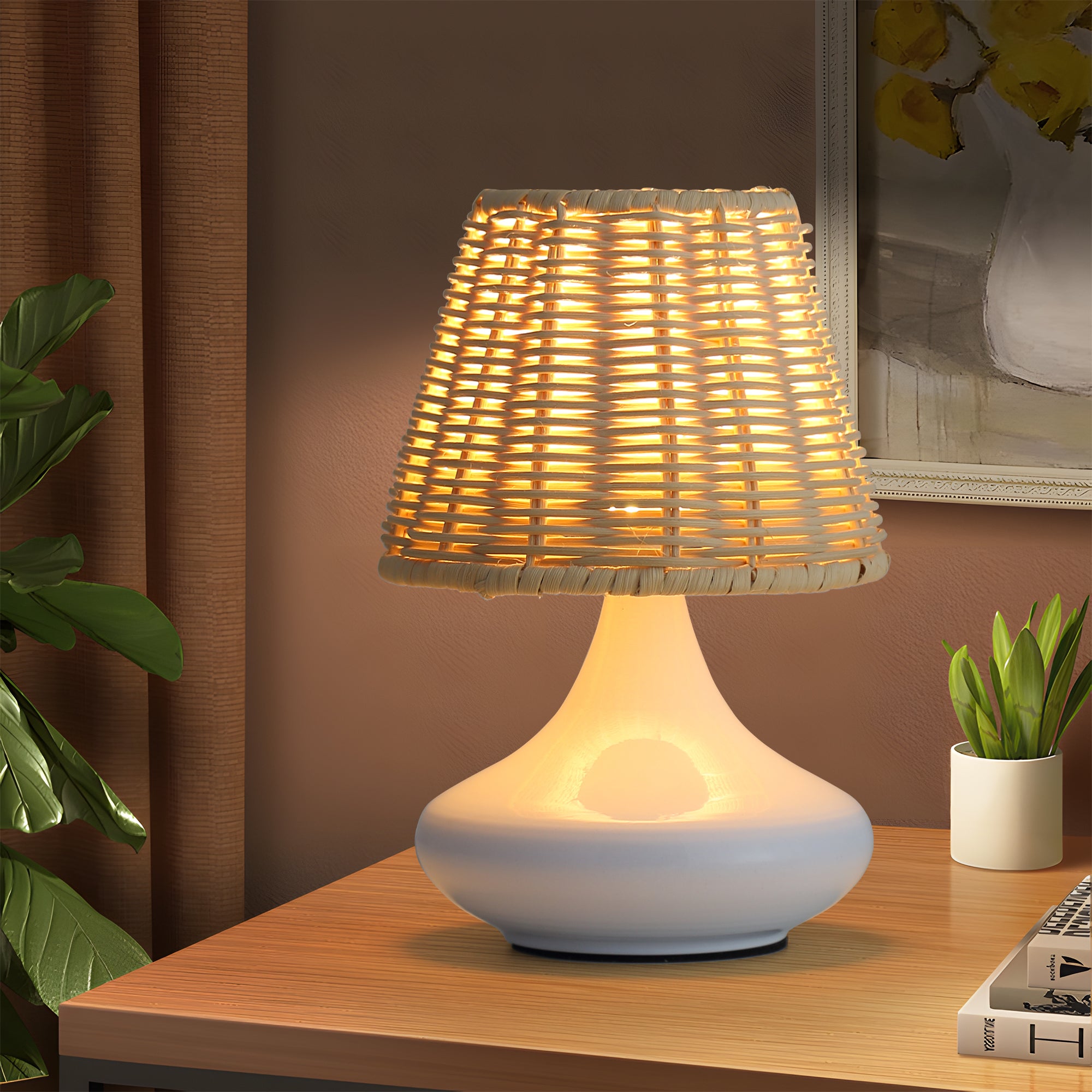 White Woven Bamboo Table Lamp Dimmable Desk Lamp Night Light with Iron Base & Three Color Temperatures