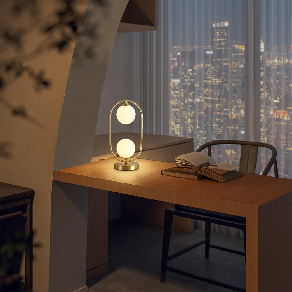Brass Table Lamp Mid-Century Modern Globe Night Stand Light White Glass Ball Bedside Lamps