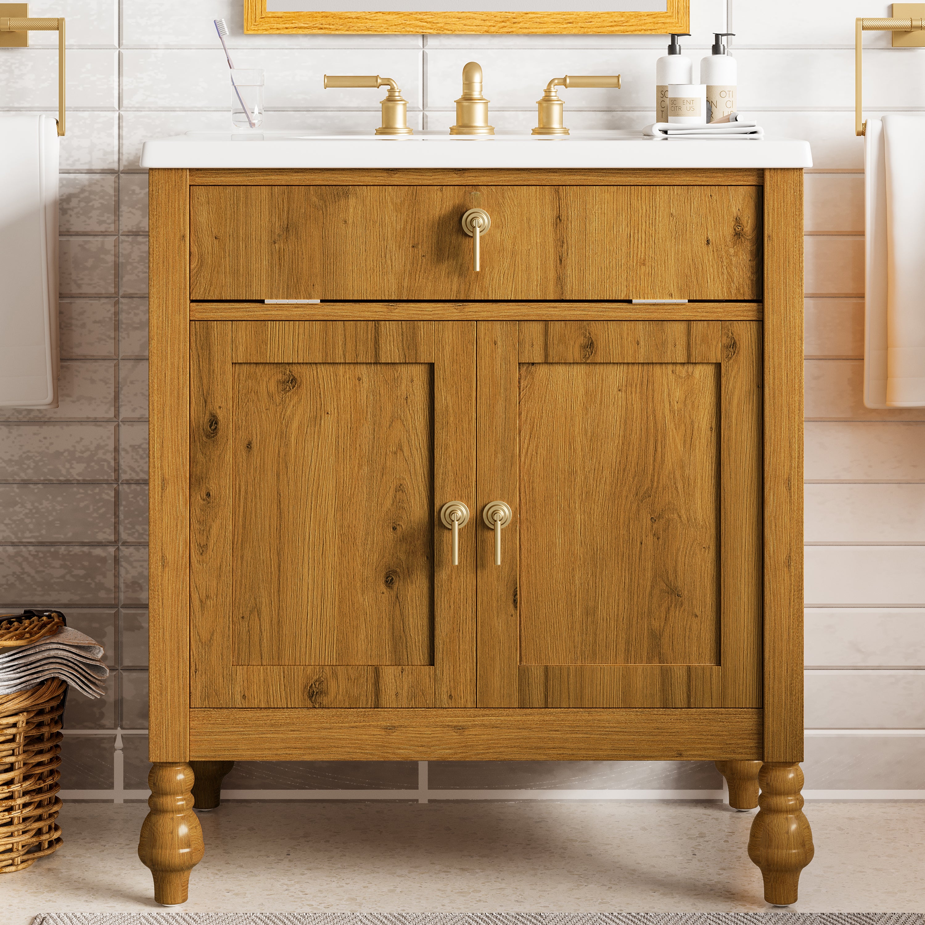 30-Inch Walnut Bathroom Vanity: Seashell Resin Sink, Flip-Up Storage & Soft-Close Doors