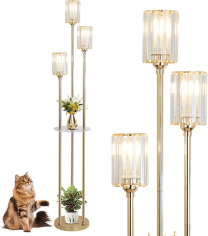 Gold Floor Lamps for Living Room Modern Floor Lamp with Shelves Crystal Standing Lamps with Table Brass Tall Lamp with Crystal Shade On/Off Switch