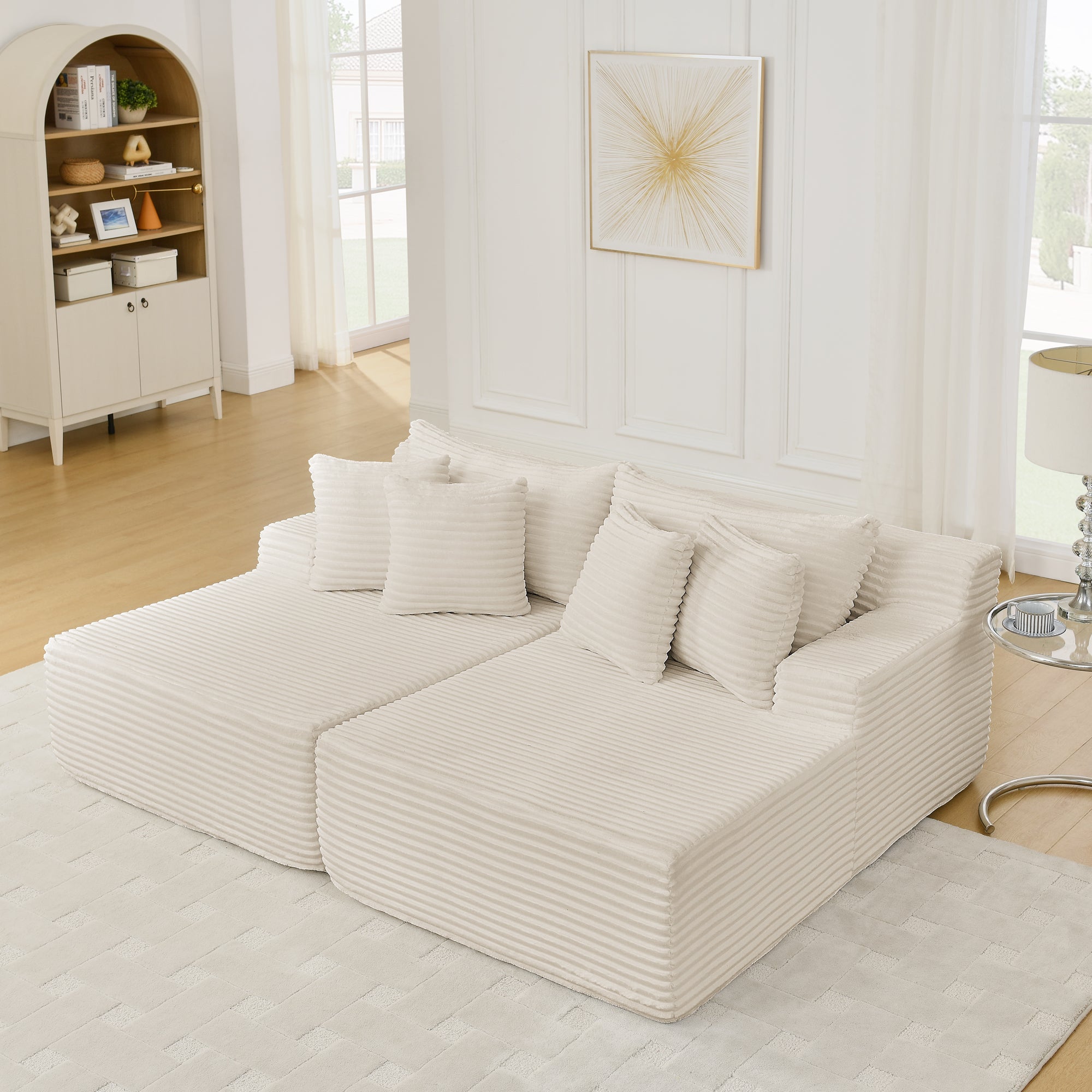 Two-seater lazy sofa lounge chair,Compressed sofa no assembly required, made of velvet fabric, fluffy modern lounge chair, used for indoor living rooms and bedrooms-Beige