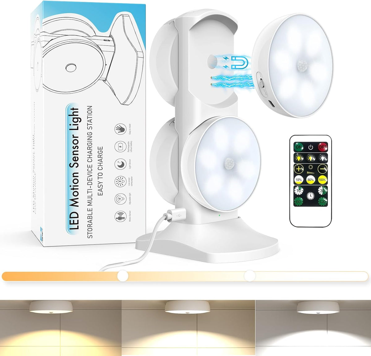 White rechargeable puck lights with charging station and remote control — 4-pack model