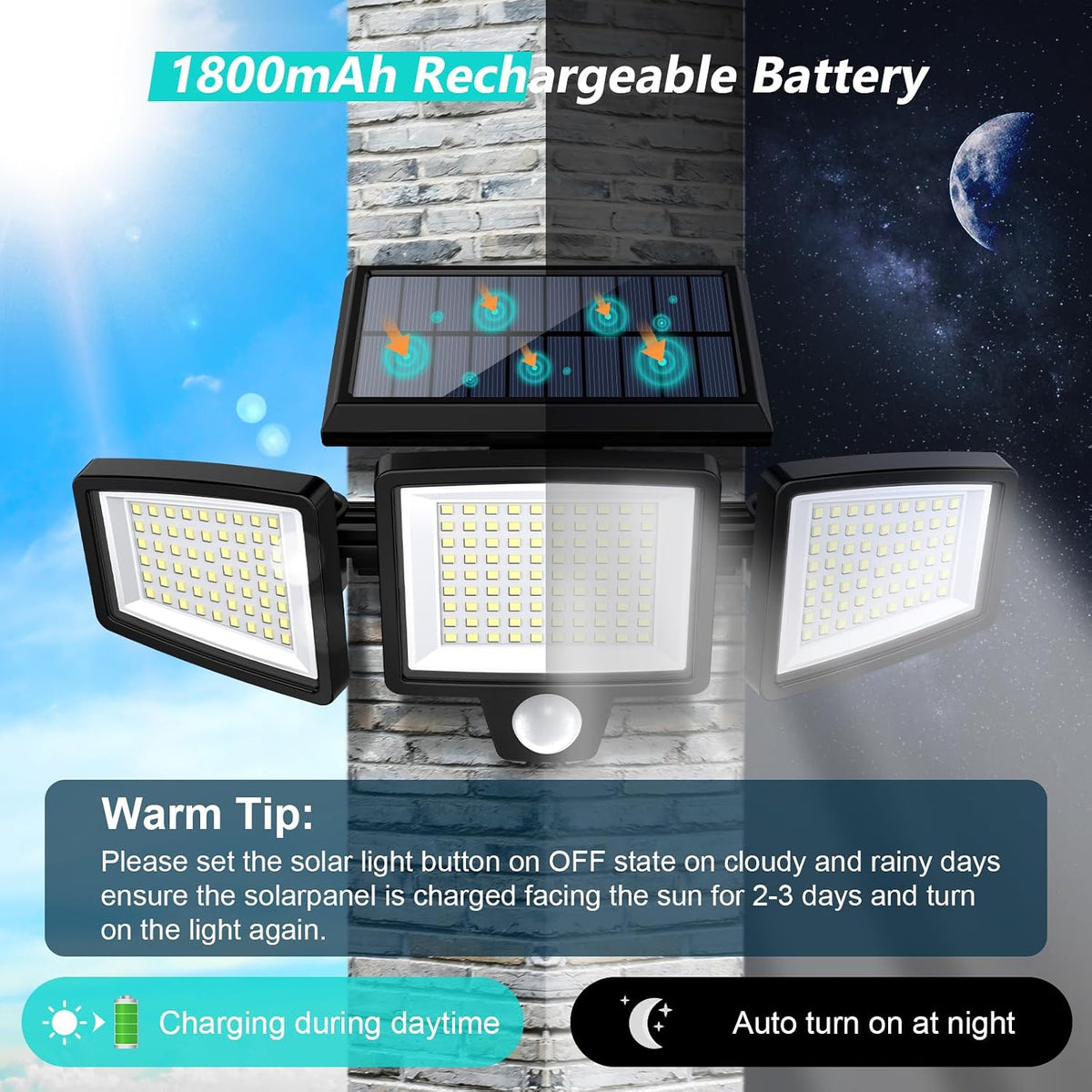 Solar panel and 1800mAh rechargeable battery