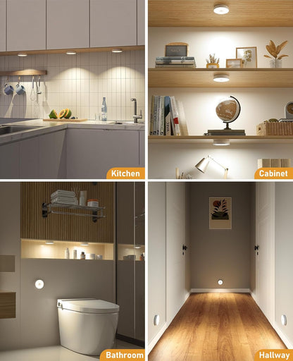 Rechargeable puck lights in cabinets and hallways