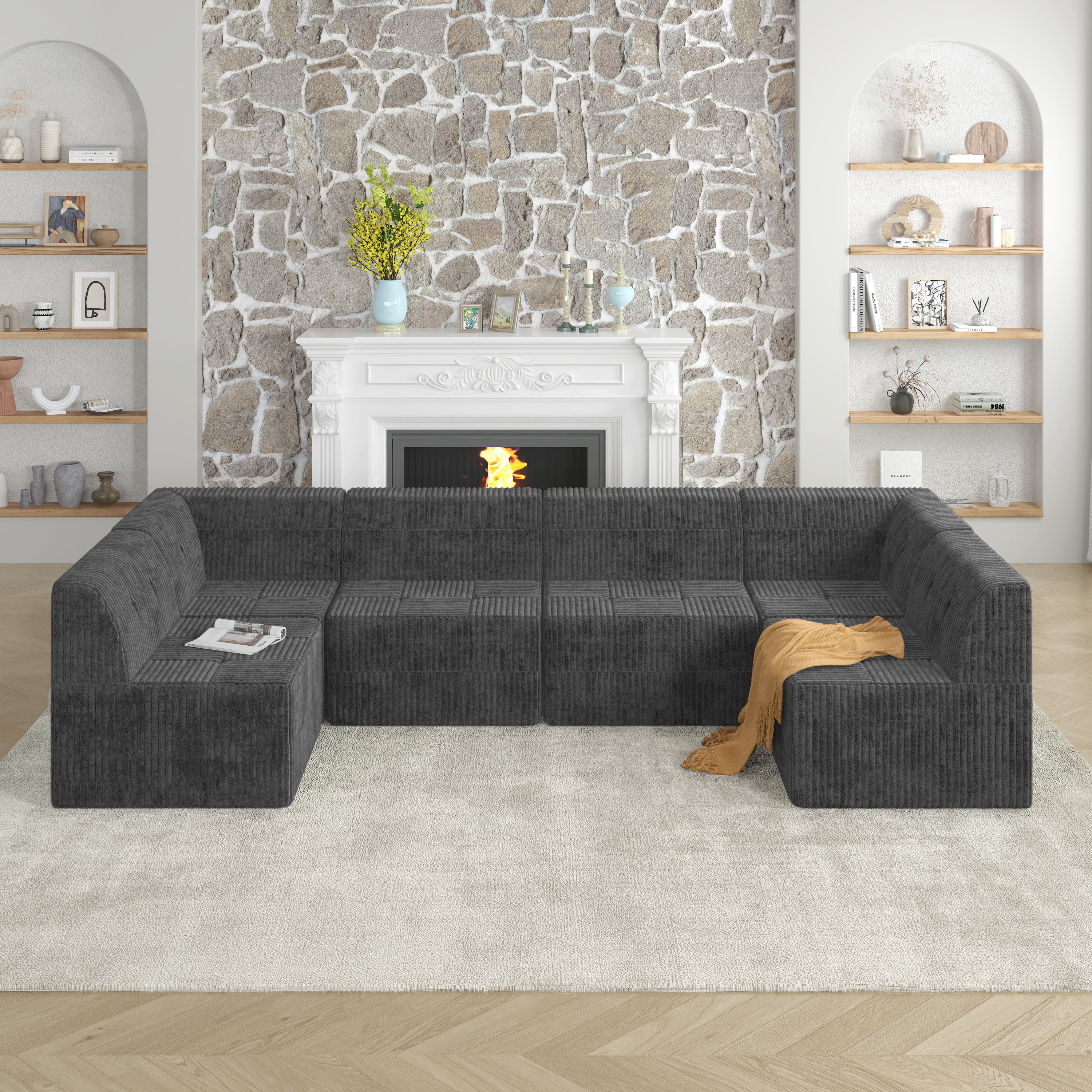 U shape Modular Sectional Sofa, Compressed Sectional Sofa Modern Minimalist Style Corduroy Couch, Sleeper Sofa for Living Room, Bedroom, Comfy Compressed Sofa Couch Space-Efficient Design-GREY