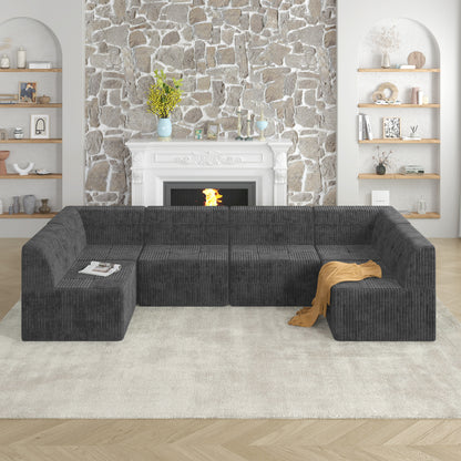 U shape Modular Sectional Sofa, Compressed Sectional Sofa Modern Minimalist Style Corduroy Couch, Sleeper Sofa for Living Room, Bedroom, Comfy Compressed Sofa Couch Space-Efficient Design-GREY