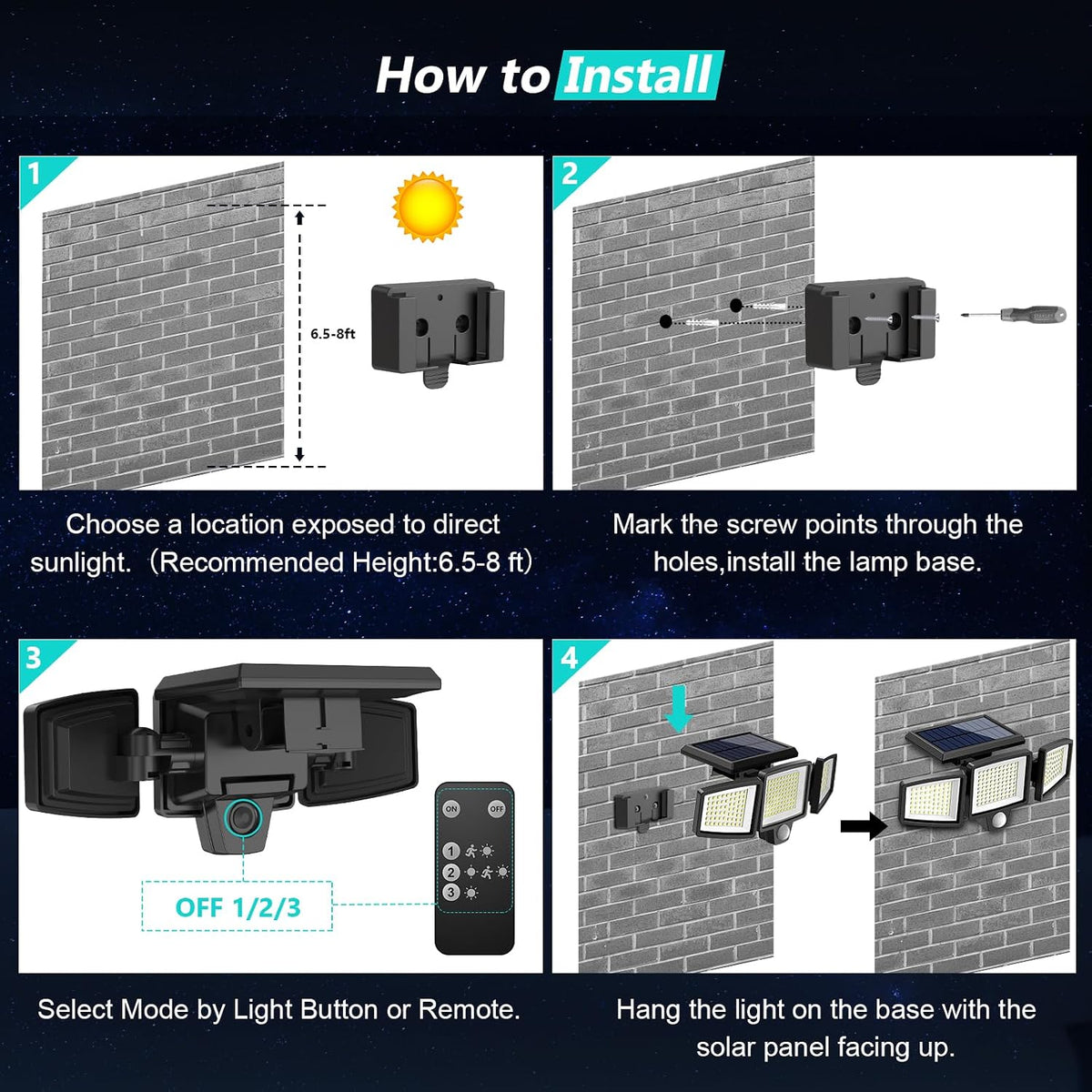 Wall mounting and solar panel positioning instructions