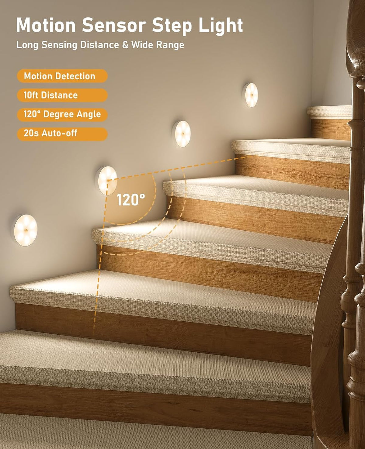 Motion sensor puck lights illuminating indoor stairs