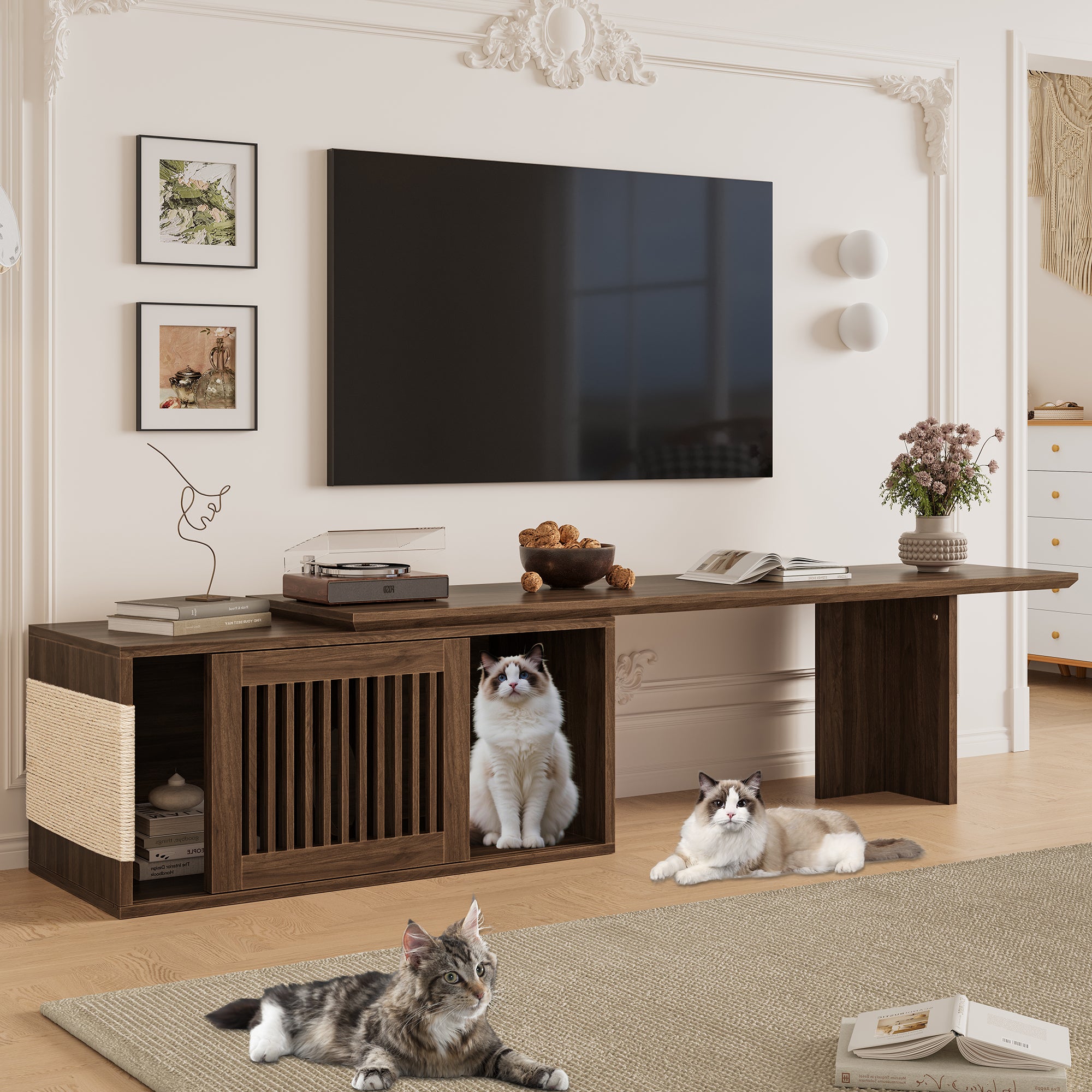 Mid-Century Modern 2 in 1 Cat Furniture Walnut TV Stand With Extendable table,  Litter Box Enclosure with Cat Scratcher