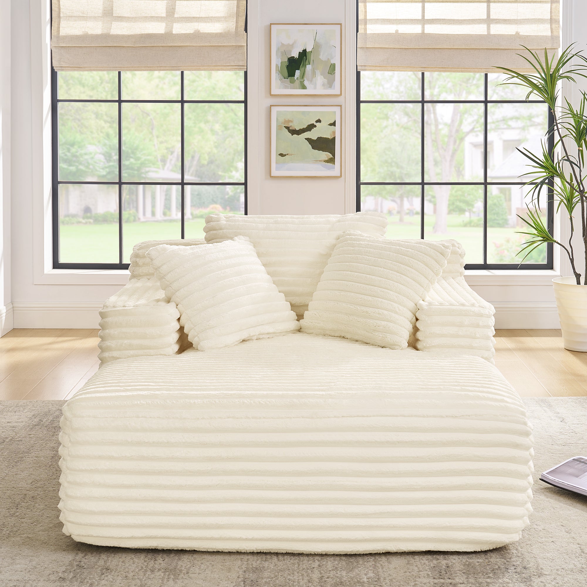 Living Room Compressed Chaise Lounge Foam Sofa bed, Fluffy Corduroy Upholstered Cloud Couch with Deep Seat, Beige