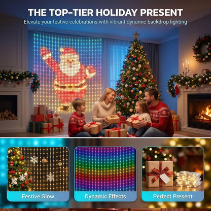 Animated curtain lights used as a festive indoor backdrop