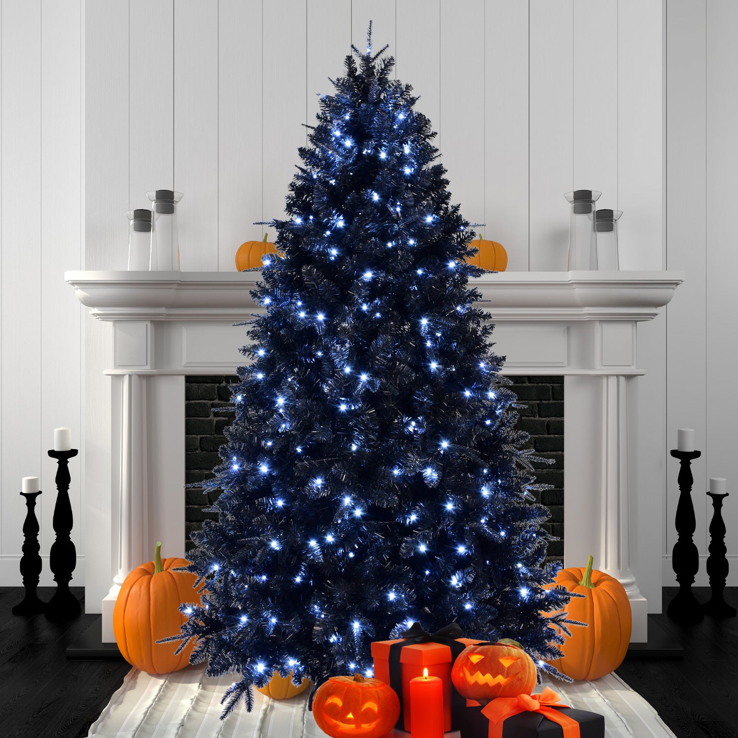 7ft Black Christmas Tree with 450 White LED Lights, 1916 Tips PE+PVC Artificial Tree for Halloween & Holiday Decor, Hinged Structure with Stable Metal Stand