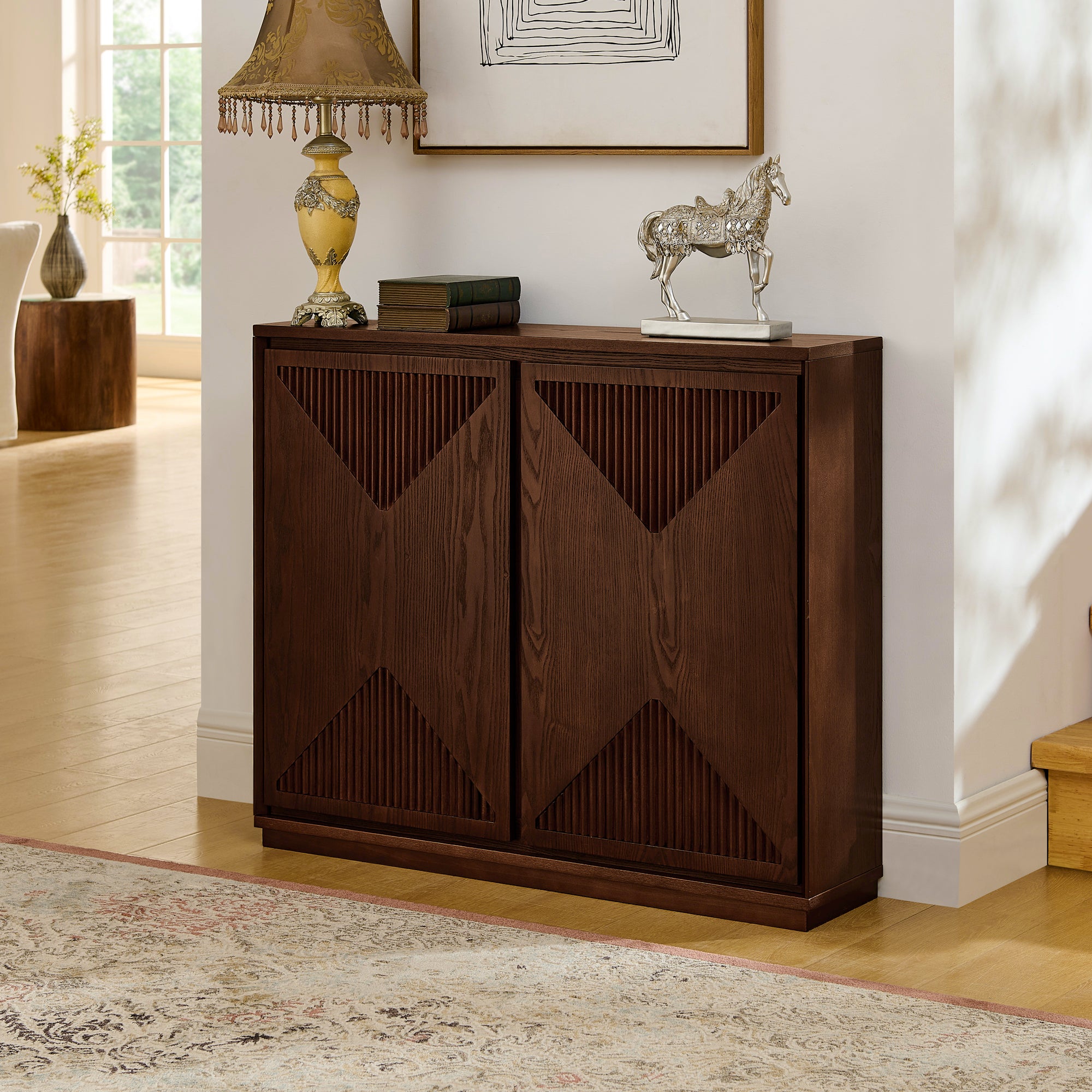 Mid Century Modern V-shape Storage Cabinet, Buffet Cabinet with Storage, Narrow Side Cabinet for Living Room Entryway Hallway Kitchen, Coffee Bar, Dark Walnut