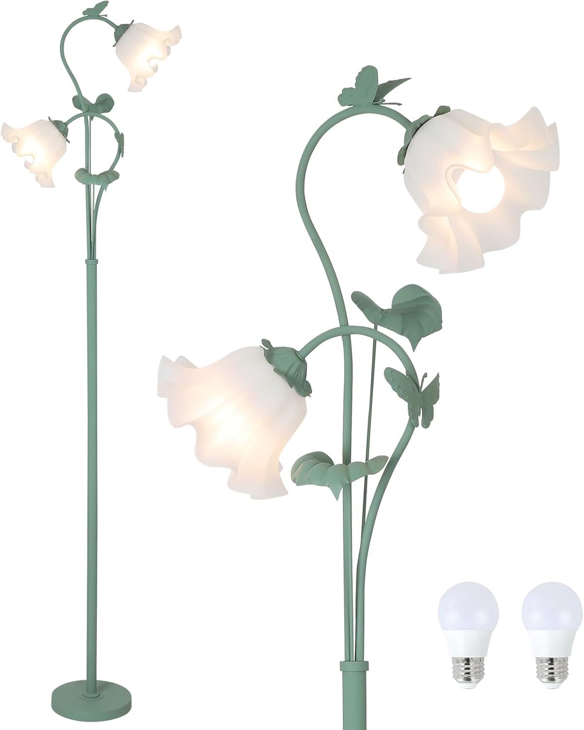Flower Floor Lamp for Living Room Vintage Floor Lamp with 2 LED 5W Blubs Foot Switch Green Standing Lamp with Acrylic Shade