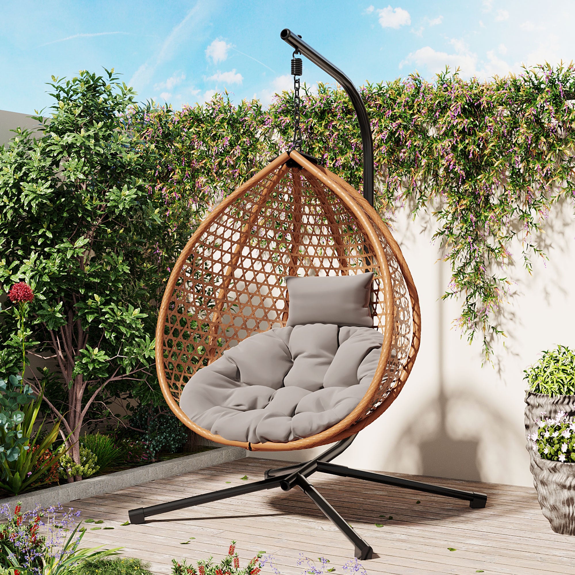 U_STYLE Sturdy Hammock Chair with Stand, Durable Hanging Egg Chair with Rattan Weaving ,Comfortable Indoor Outdoor Swing  chairs with Soft Removable Cushion,Suitable for Balcony, Bedroom,or Garden