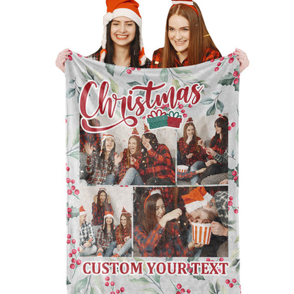 Personalized Collage Photo Christmas Flannel Blanket with Text
