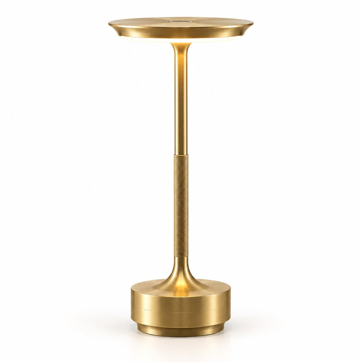Brushed gold cordless table lamp with a slim stem and flat disc shade on a white background - Airayvis