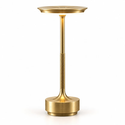 Brushed gold cordless table lamp with a slim stem and flat disc shade on a white background - Airayvis