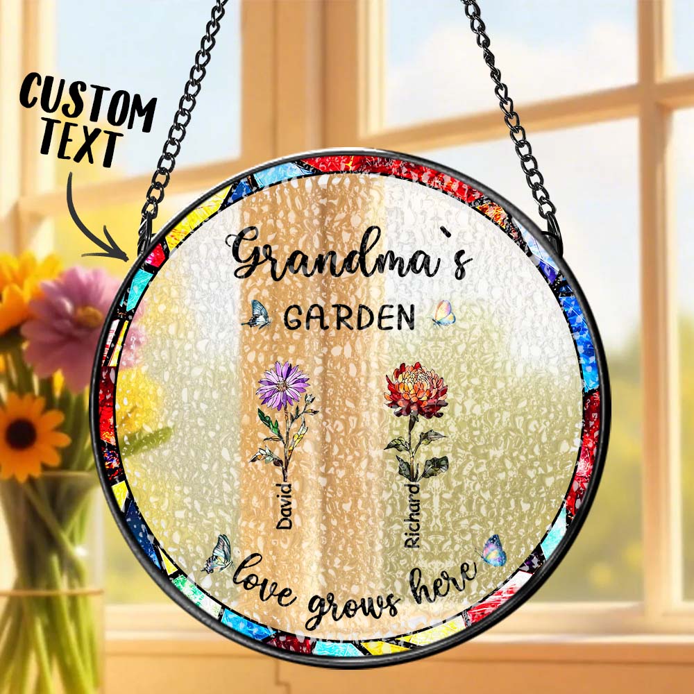 Personalized Birth Flower Glass Suncatcher with Child Name Grandma's Garden Window Hanging Gift for Grandmother