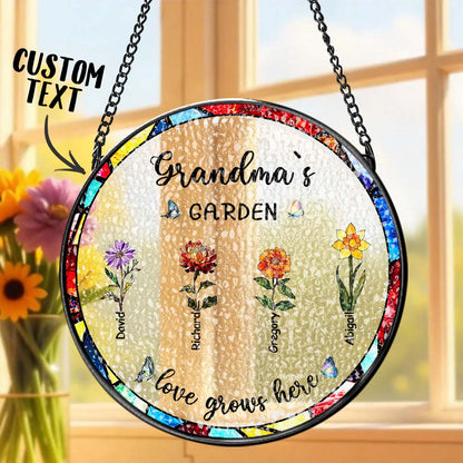 Personalized Birth Flower Glass Suncatcher with Child Name Grandma's Garden Window Hanging Gift for Grandmother