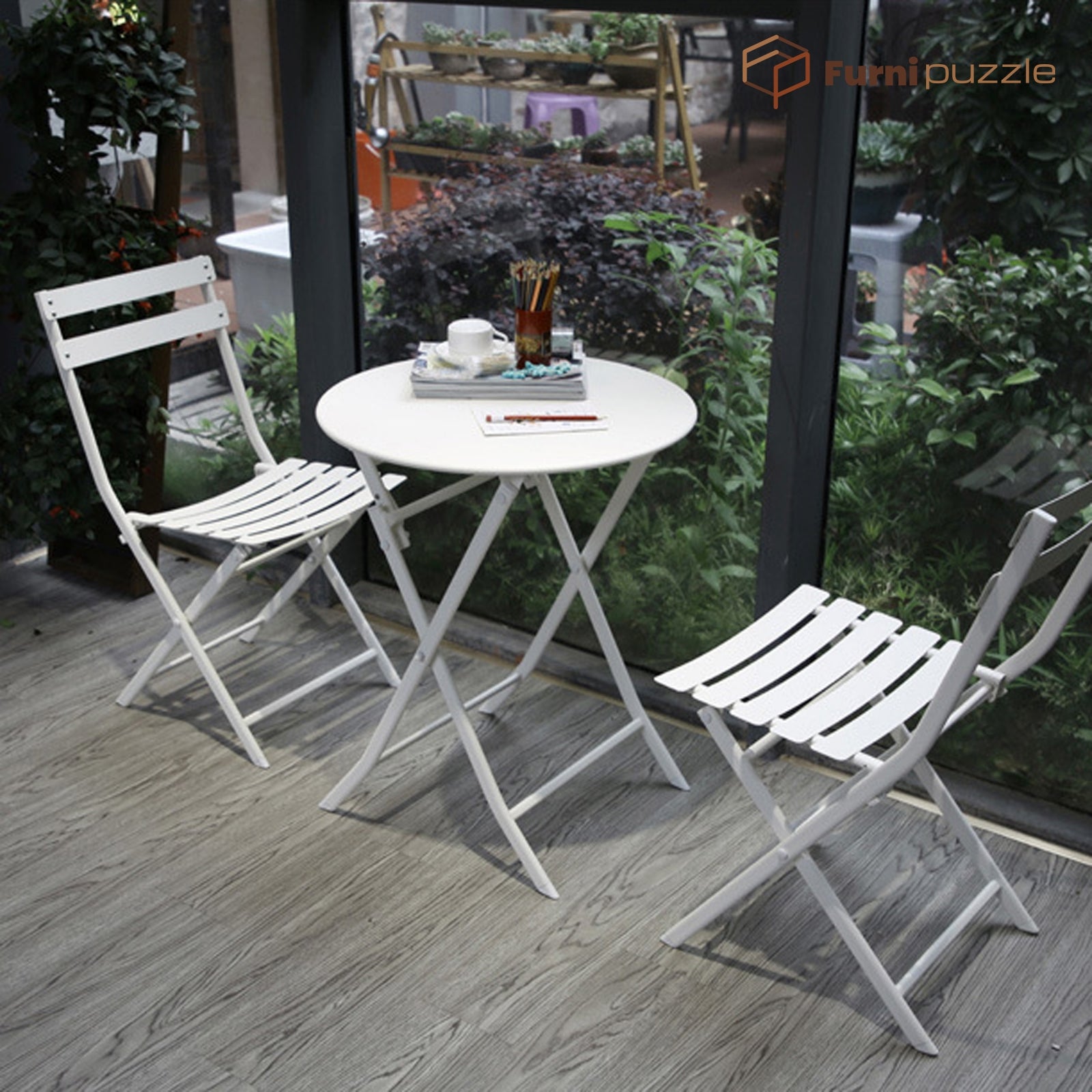 Garden Patio Foldable Round Table 3 Piece Set of Foldable Patio Table and Chairs