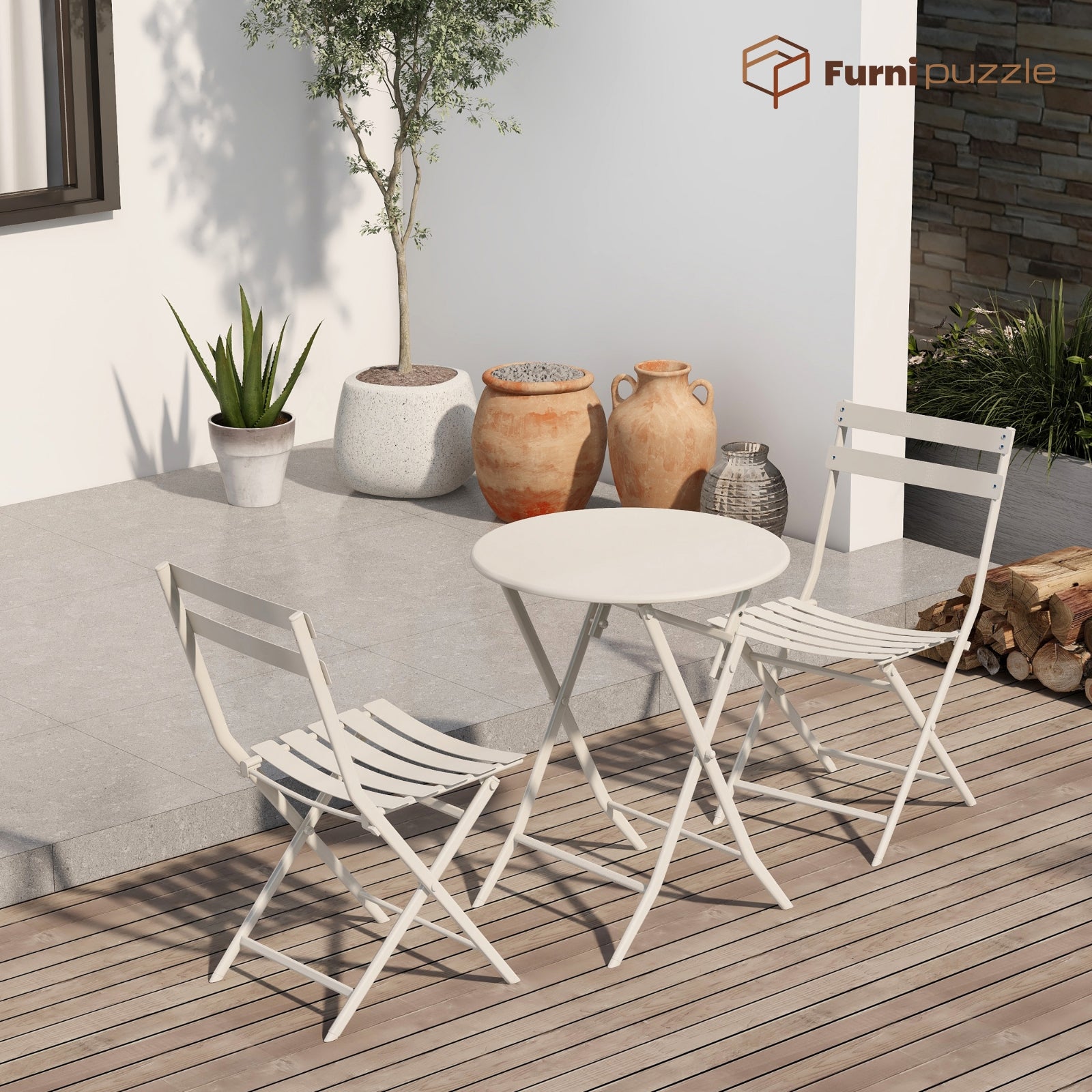 Garden Patio Foldable Round Table 3 Piece Set of Foldable Patio Table and Chairs