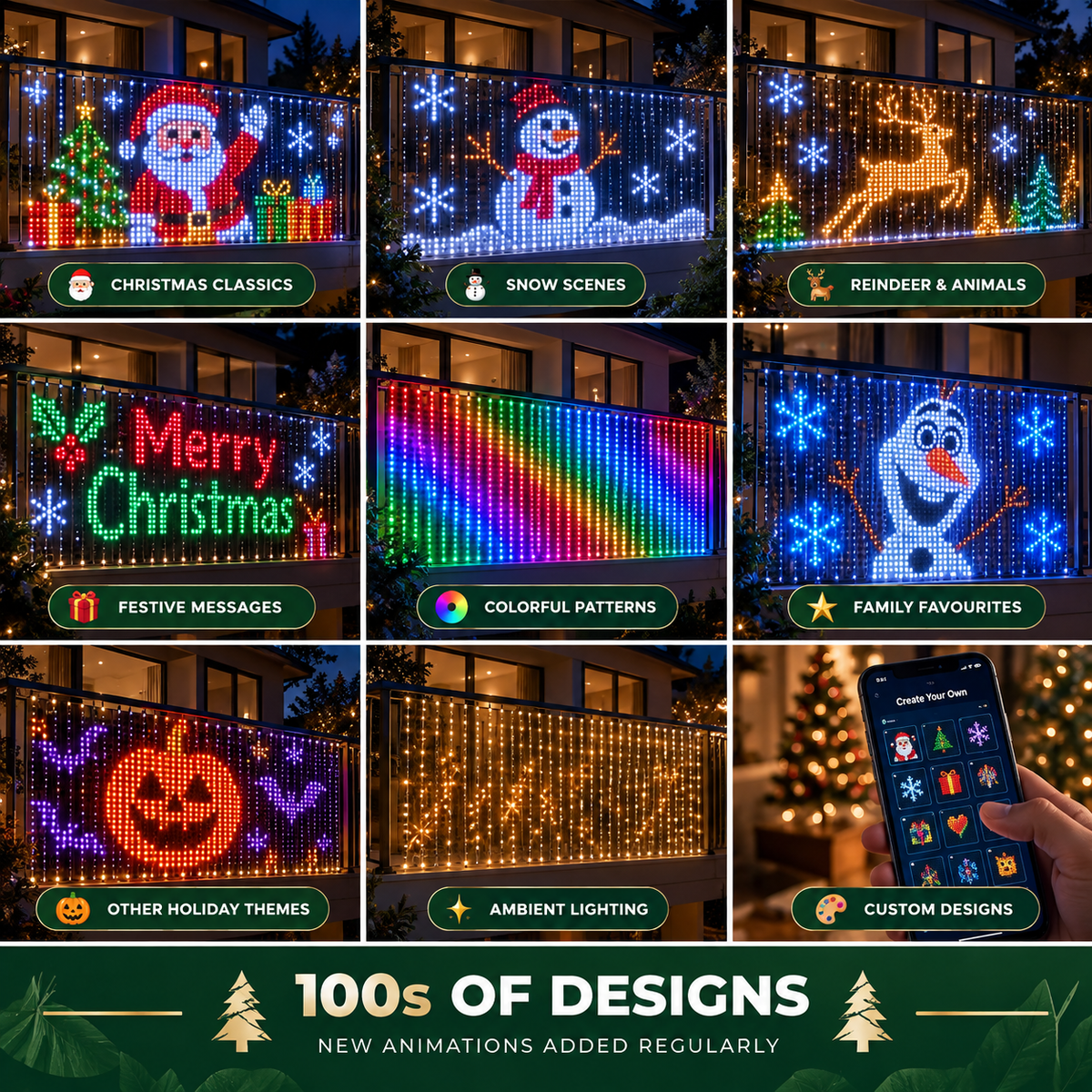 Christmas curtain light designs including trees snowflakes and messages