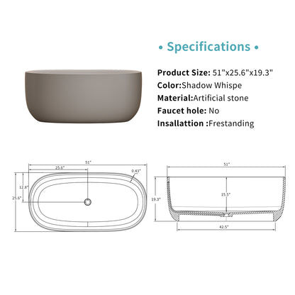 Compact 51" Stone Resin Bathtub | Freestanding Solid Surface Soaking Tub - Airayvis