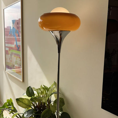 Mid-Century Tart Shape Floor Lamp – Soft Yellow Glass Shade Dimmable LED Standing Lamp