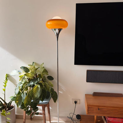 Mid-Century Tart Shape Floor Lamp – Soft Yellow Glass Shade Dimmable LED Standing Lamp