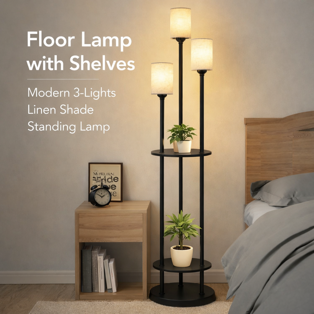 Floor Lamp with Shelves Modern Floor Lamps for Living Room 3-Lights Standing Lamp with Linen Shade and Foot Switch