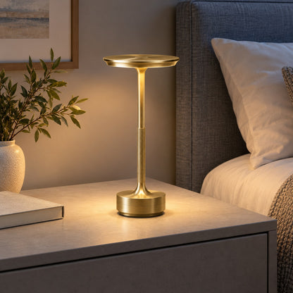 Gold cordless bedside lamp casting warm light across a nightstand beside an upholstered bed - Airayvis