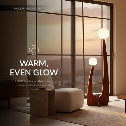 Modern Minimalist Walnut Solid Wood Glass Ball 2-Light Standing Floor Lamp