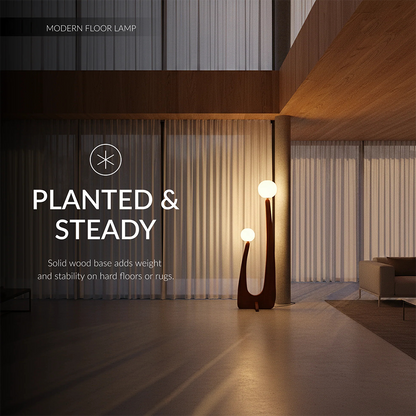 Modern Minimalist Walnut Solid Wood Glass Ball 2-Light Standing Floor Lamp