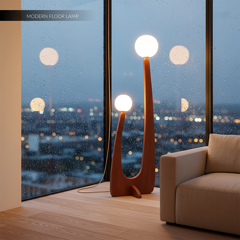 Modern Minimalist Walnut Solid Wood Glass Ball 2-Light Standing Floor Lamp