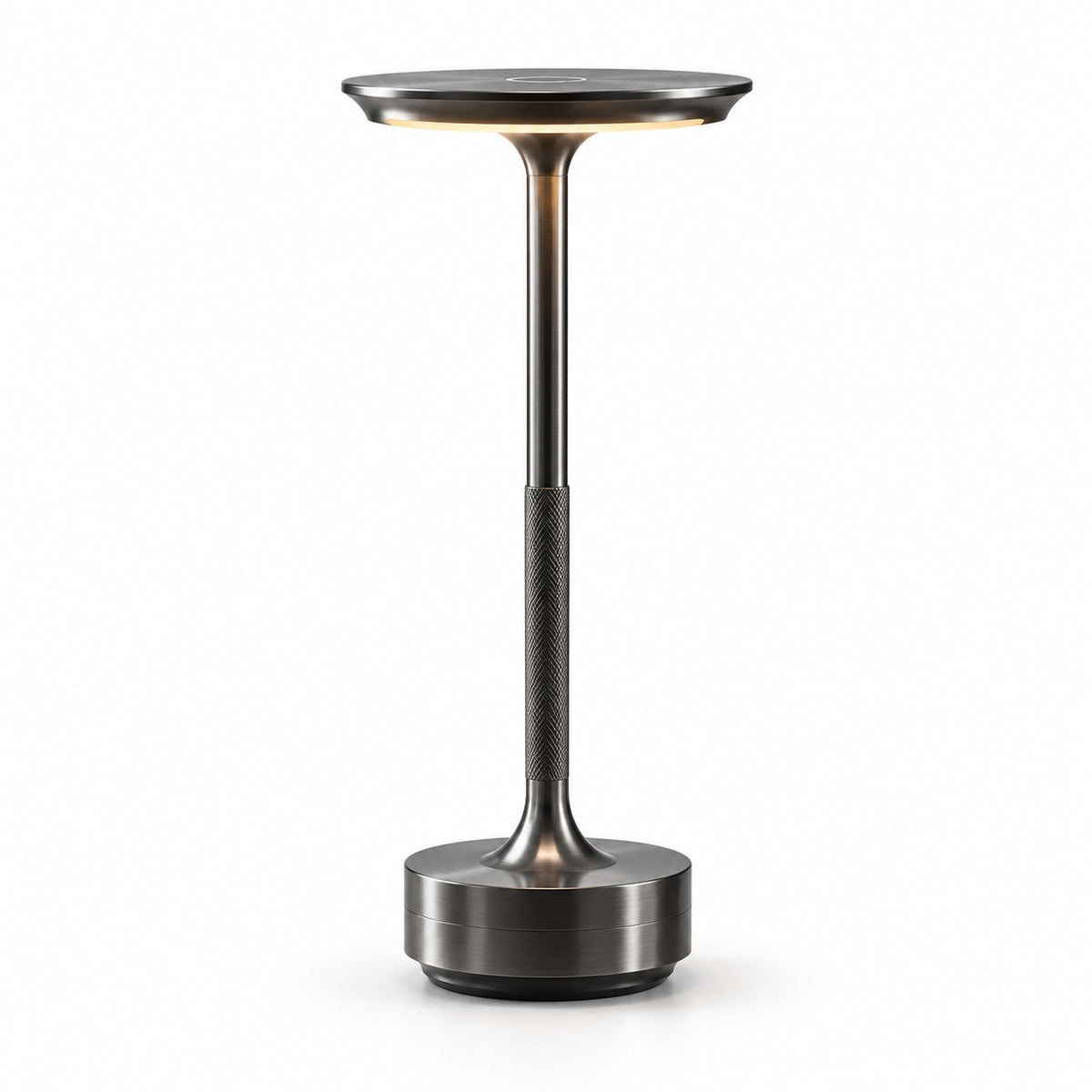 Gunmetal black rechargeable table lamp with a textured lower stem and round metal base - Airayvis
